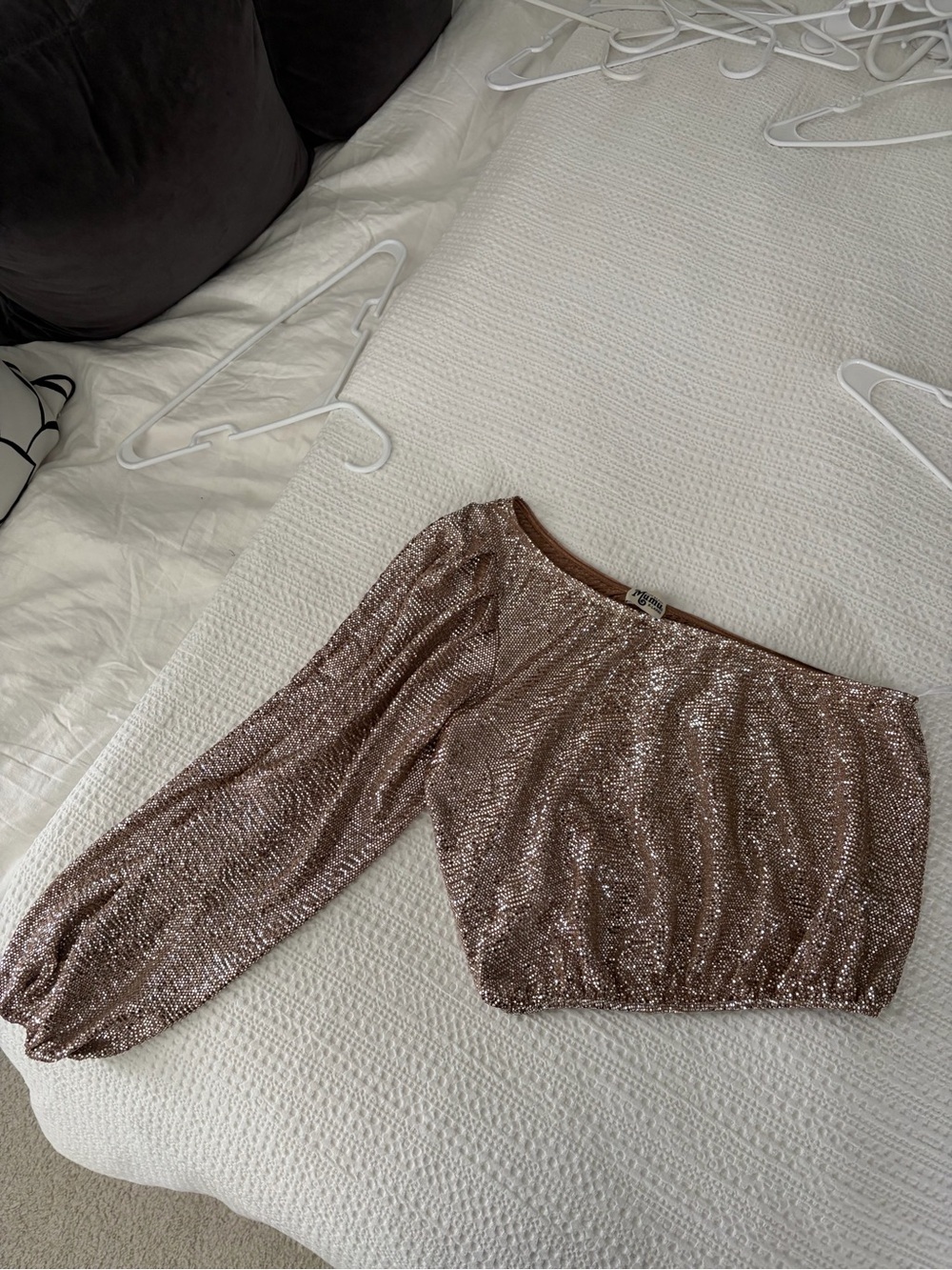 Show Me Your MuMu Rose Gold One-Shoulder Sequin Blouse